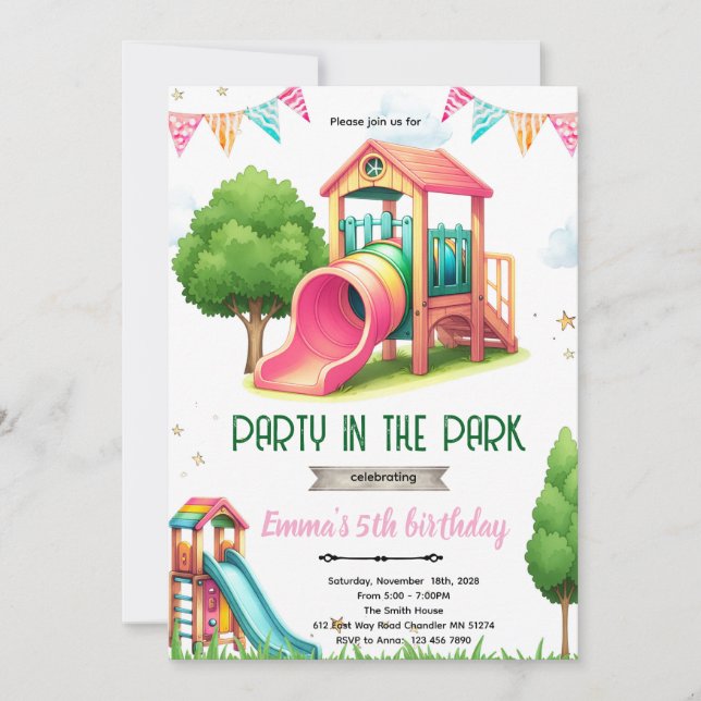 Playground girl theme birthday invite inbjudningar (Framsida)