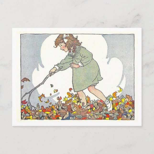 "Playing in the Leaves" Höst/Host Illustration Vykort (Framsida)