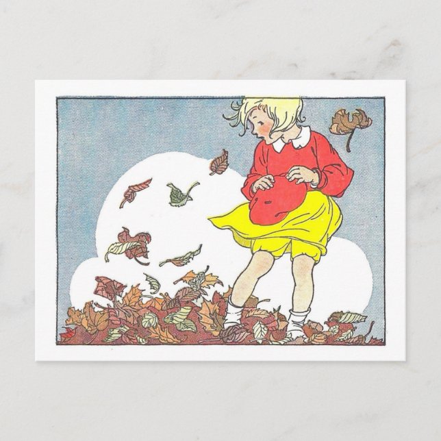 "Playing in the Leaves" Höst/Host Illustration Vykort (Framsida)