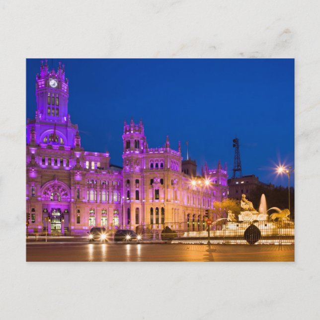 Plaza de Cibeles i natt i Madrid Vykort (Framsida)