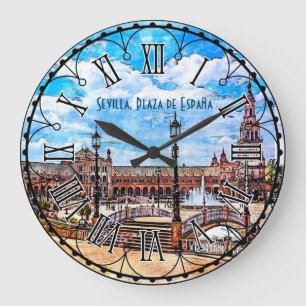Plaza de España, Sevilla, Spanien. Stor Klocka