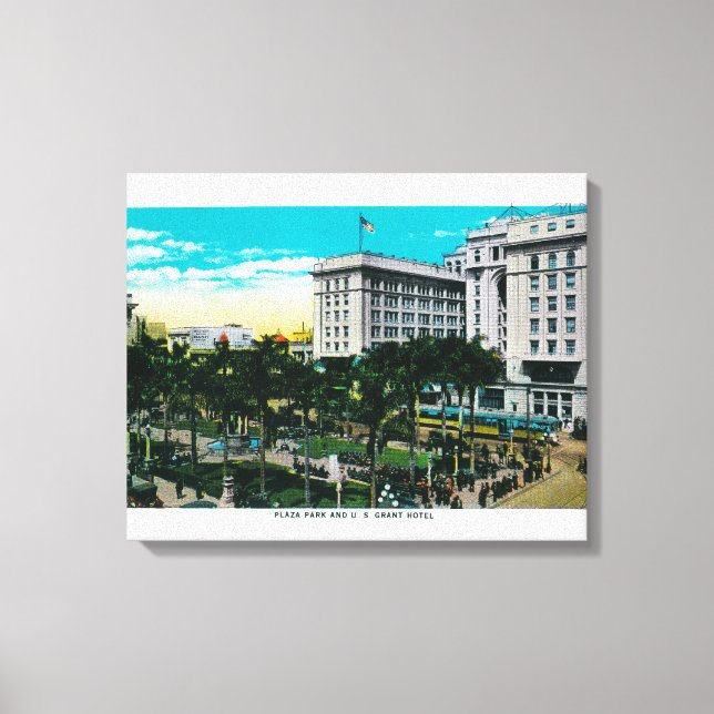 Plaza Park och U.S. Grant Hotel San Diego, CA Canvastryck (Framsida)