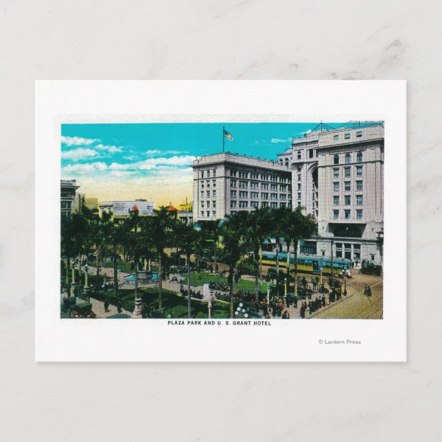 Plaza Park och U.S. Grant Hotel San Diego, CA Vykort (Framsida)