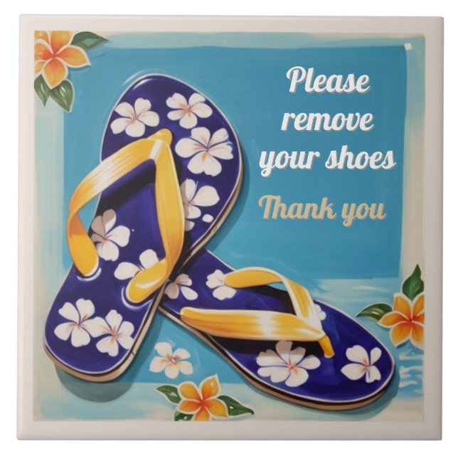 Please Remove Shoes Sign Blue Hawaiian Flip Flops Kakelplatta (Framsidan)
