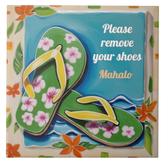 Please Remove Shoes Sign Green Hawaiian Flip Flops Kakelplatta (Framsidan)