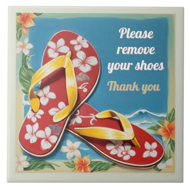 Please Remove Shoes Sign Hawaiian Flip Flops Kakelplatta (Framsidan)