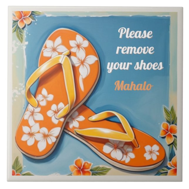 Please Remove Shoes Sign Orange Hawaiian FlipFlops Kakelplatta (Framsidan)