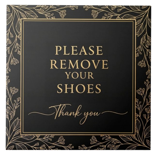 Please Remove Your Shoes Sign black gold botanical Kakelplatta (Framsidan)