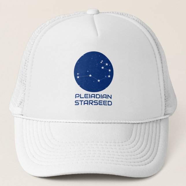 Pleiadian Starseed Hat - Blue & White Trucker Styl Keps (Framsida)