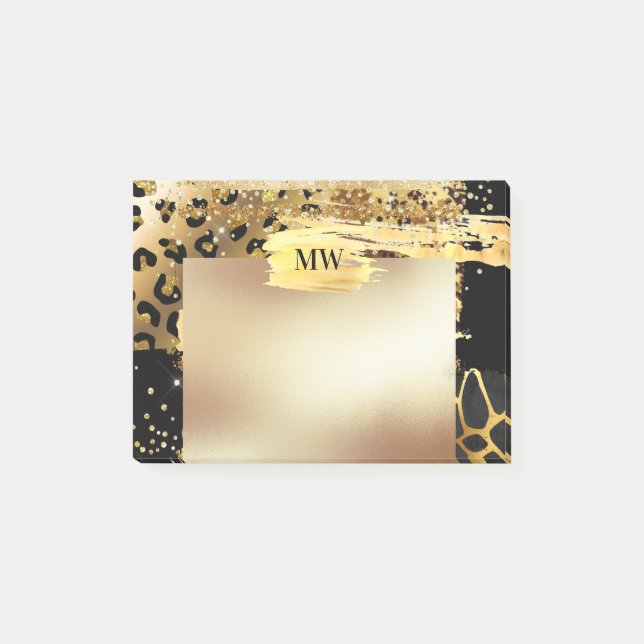 Pleopardglam guld glitter-djursmonogram post-it block (Framsida)