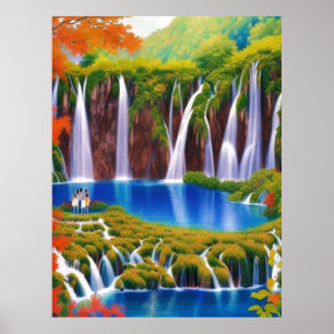 Plitvice Sjöar, Kroatiens vattenfall i höstkonst Poster