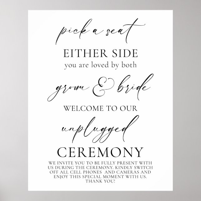 "Plocka a Seat, Unplugged Bröllop Ceremony Poster (Framsidan)