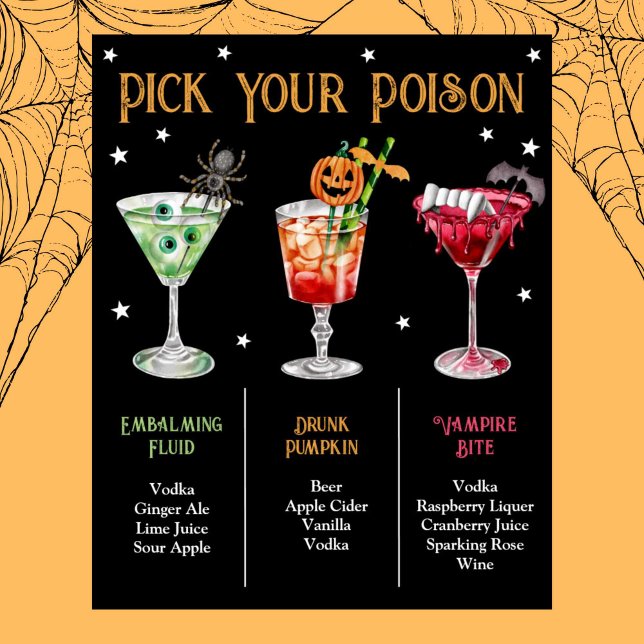 Plocka din Poison Halloween 3 Cocktail-meny Poster (Pick Your Poison Halloween 3 Cocktail Menu Poster)