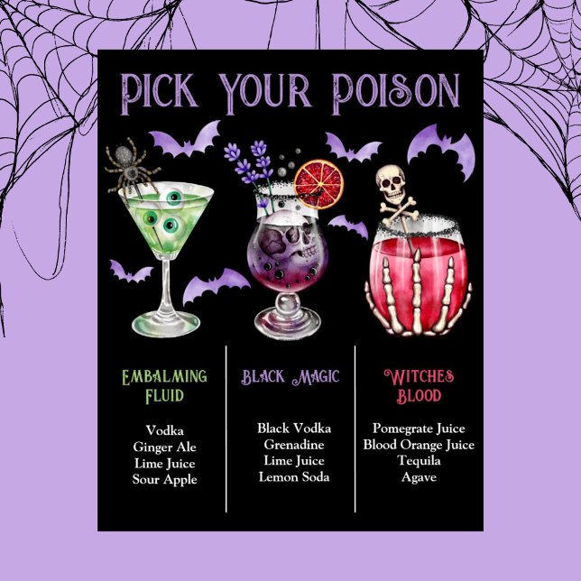 Plocka din Poison Halloween 3 Cocktail-meny Poster (Pick Your Poison Halloween 3 Cocktail Menu Poster)