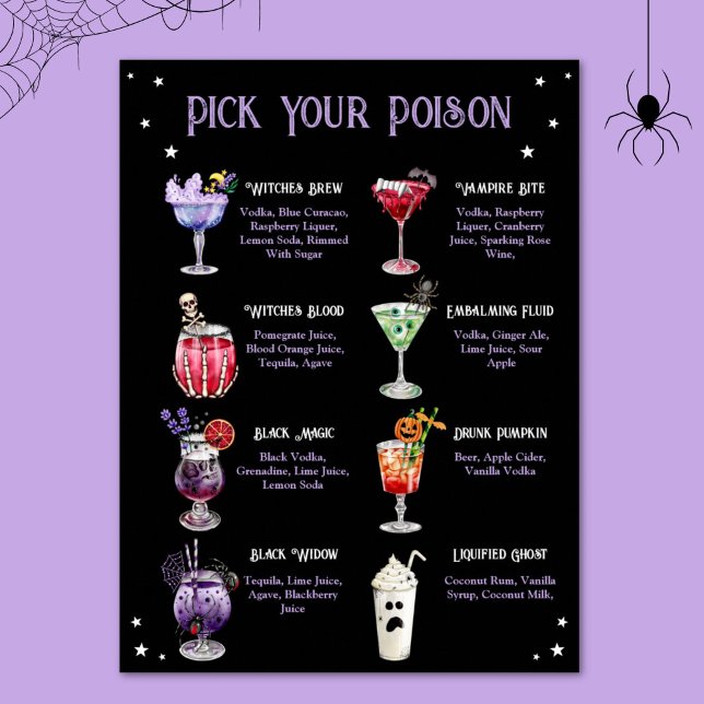 Plocka din Poison Halloween Cocktail-meny Poster (Pick Your Poison Halloween Cocktail Menu Poster)