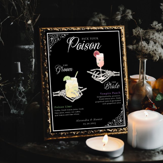 Plocka din Poison Skeleton Bride & Groom Cocktails Poster (Pick Your Poison Skeleton Bride & Groom Cocktails Poste)