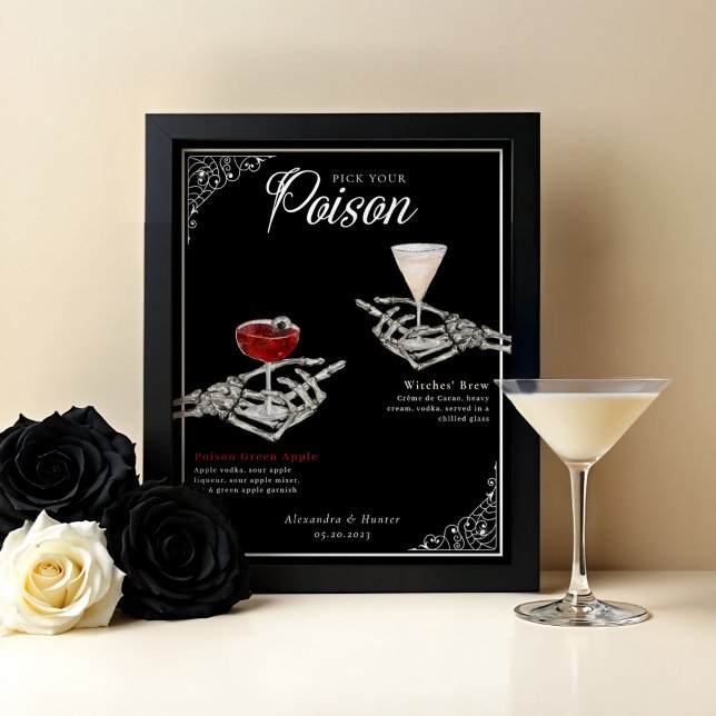 Plocka Din Poison Skeleton Bröllop Cocktails Drink Poster (Pick Your Poison Skeleton Wedding Cocktails Drink Poster)