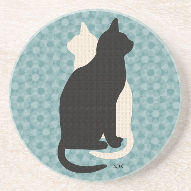 Plocka Färg Black White Cat Duo Yin Yang Stil Underlägg Sandsten (Framsidan)