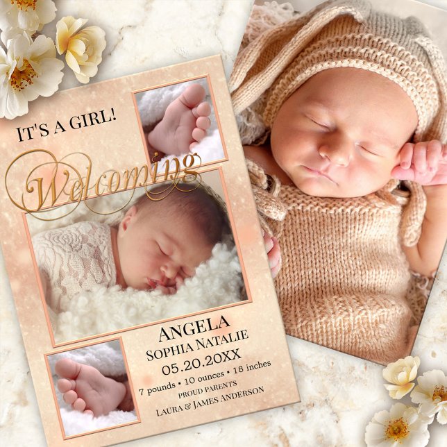 Plockande födelsekort för Ljus Flicka Tack Kort (Baby birth announcement card with your photos on a sparkling peach design with script text)