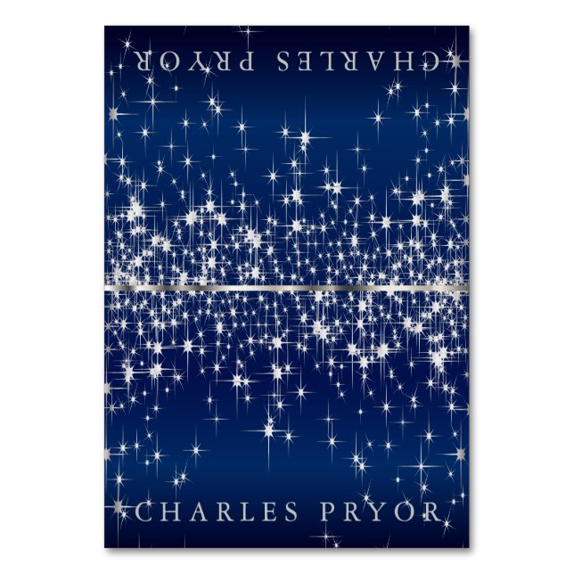 Plockande Silver Stars på Blue Satin Namn Cards Bordsnummer (Framsidan)