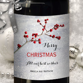 Plockande Snö Red Berries-etikett Vin jul Vinflaska Etikett