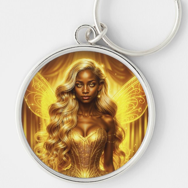 Plockande vingar med gyllene eleganter rund silverfärgad nyckelring (Framsidan)