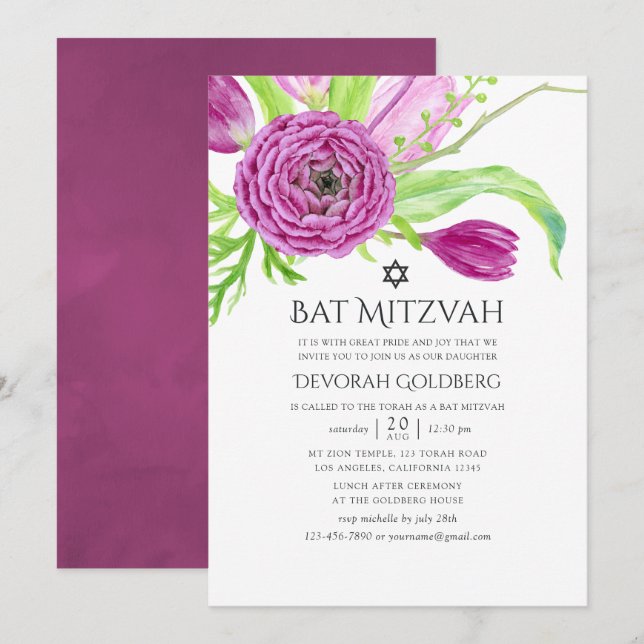 Plommon Akvarell Blommig Bar Mitvah Inbjudningar (Fram/baksida)