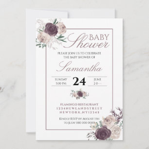 Plommon Blommig Baby i Blom Baby Shower Inbjudningar