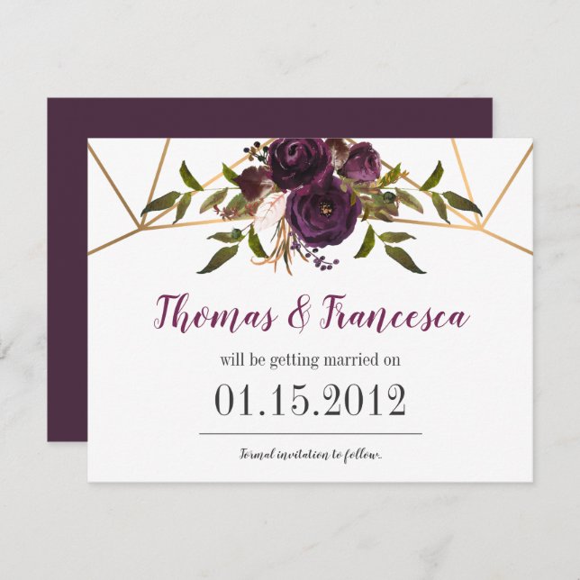 Plommon Blommig Falskt Guld Geometrisk Spara Datum Inbjudningar (Fram/baksida)