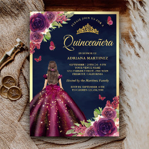 Plommon Blommig Fjäril Marinblå Guld Quinceanera Inbjudningar