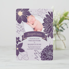 Plommon Botanicals för flickor med dopfoto Inbjudningar