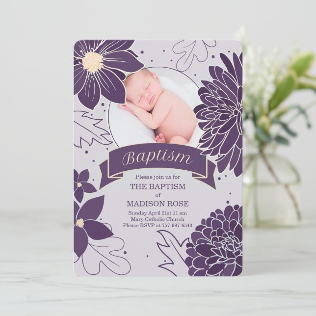 Plommon Botanicals för flickor med dopfoto Inbjudningar (Stående Fram)