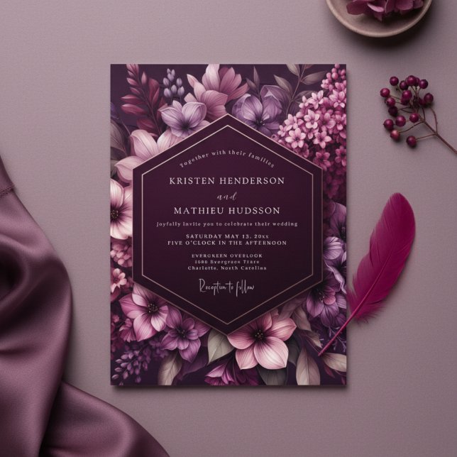 Plommon Botanisk Whimsy Bröllop Inbjudningar (Skapare uppladdad)