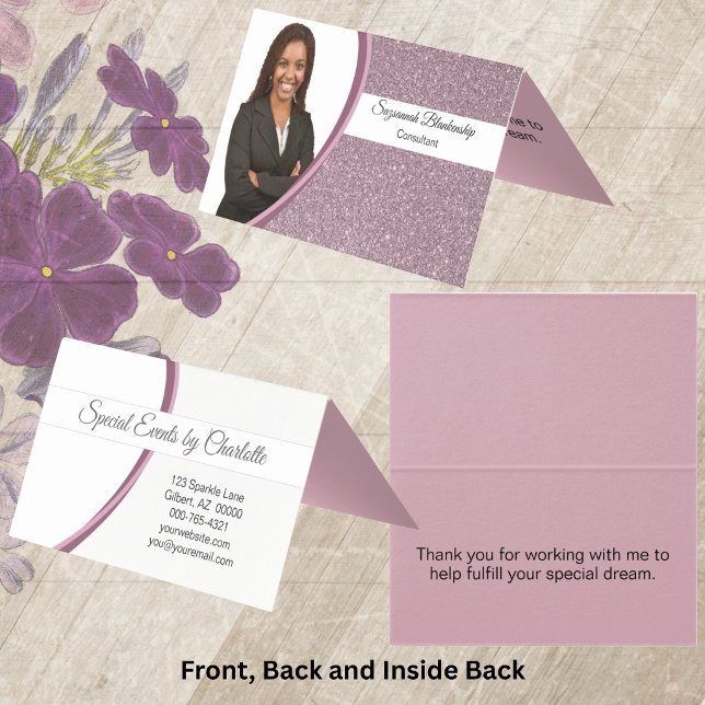 Plommon Falsk Glitter Utbytbar Foto Fällbar Visitkort (Plum faux glitter folding business card template)