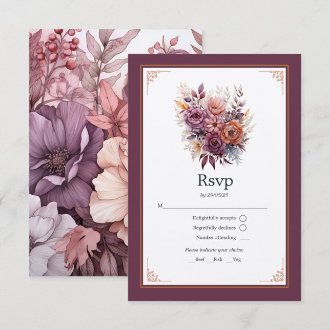 Plommon, Grå, Koppar och Dammros Blommig Bröllop OSA Kort (Fram/baksida)