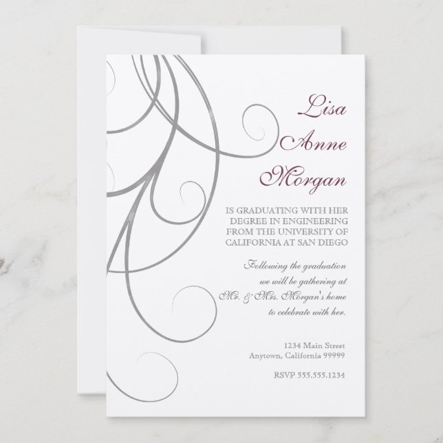 Plommon i Silver Löv Swirl Damask 2 Studenten Inbjudningar (Framsida)