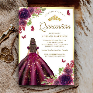 Plommon Klänning Blommig Fjäril Guld Quinceanera Inbjudningar