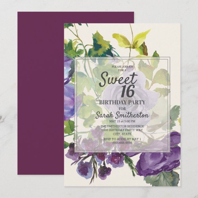 Plommon Lila Akvarell Blommig Grön Blad Sweet 16 Inbjudningar (Fram/baksida)