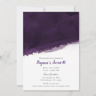 Plommon Lila Akvarell & Guld Modern Chic Sweet 16 Inbjudningar
