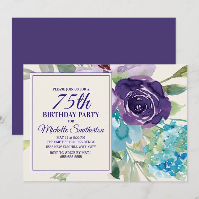 Plommon Lila Blå Akvarell Blommig 75-årsdag Inbjudningar (Fram/baksida)