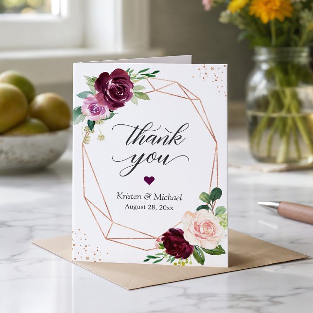 Plommon Lila Blommig Modern Geometrisk Guld Ram Tack Kort (Skapare uppladdad)