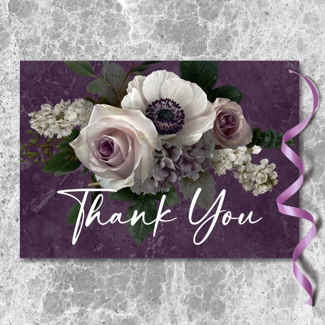 Plommon Lila Elegant Blommig Modern Bröllop Tack Kort (Plum Purple Elegant Floral Modern Wedding Thank You Card)