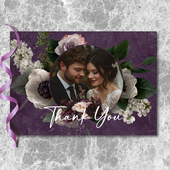Plommon Lila Elegant Blommig Modern Bröllopsfoto Tack Kort (Plum Purple Elegant Floral Modern Wedding Photo Thank You Card)