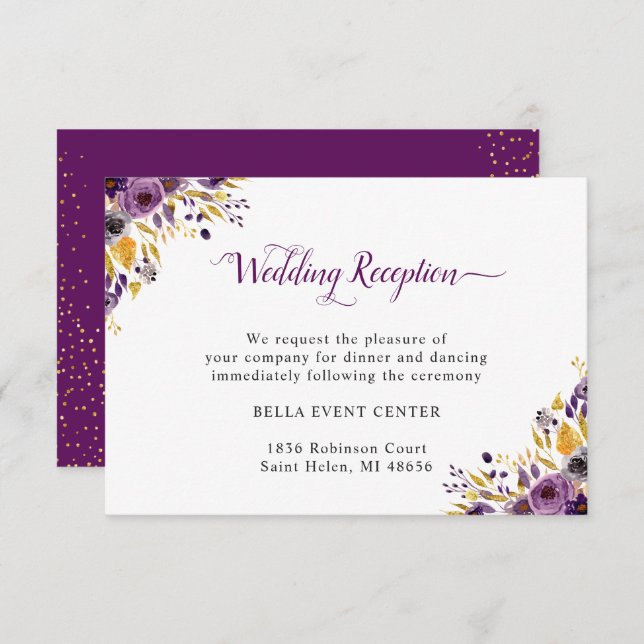 Plommon Lila Guld Blommig Bröllopsmottagning Detal Inbjudningar (Fram/baksida)
