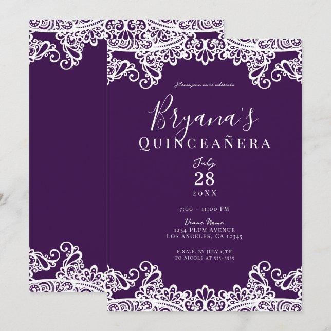 Plommon Lila Guldspets Elegant Quinceañera-fest Inbjudningar (Fram/baksida)