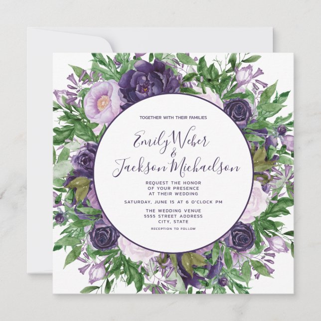 Plommon Lila Lavendel Blommig Grönska Bröllop Inbjudningar (Framsida)