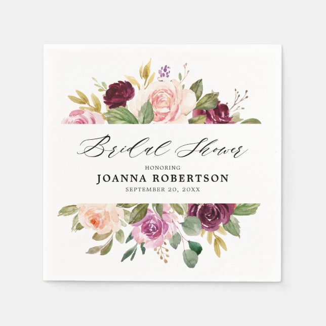 Plommon Lila Rodnad Rosa Botanisk Bröllopsdusch Pappersservett (Framsidan)