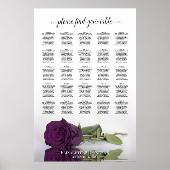 Plommon Lila Ros 25 Bord Platsindelning för Bröllo Poster (Framsidan)