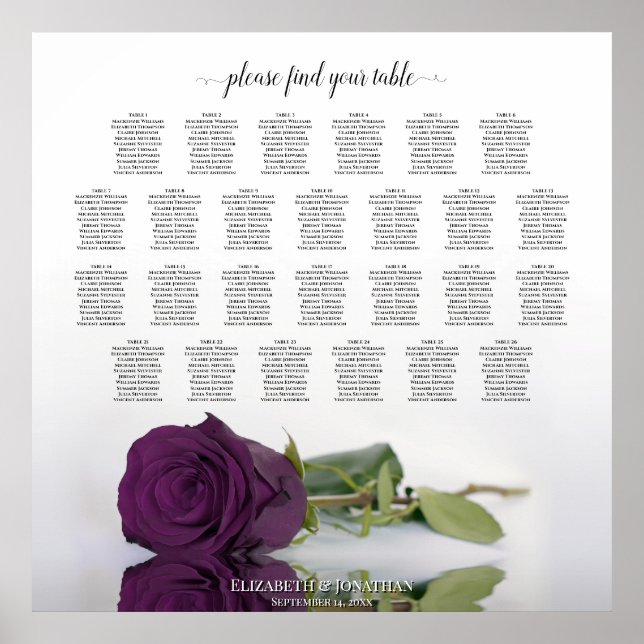 Plommon Lila Ros 26 Bord Platsindelning för Bröllo Poster (Framsidan)
