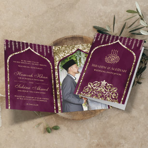 Plommon Lila Vintage Guld Islamisk Båg Bröllop Inbjudan